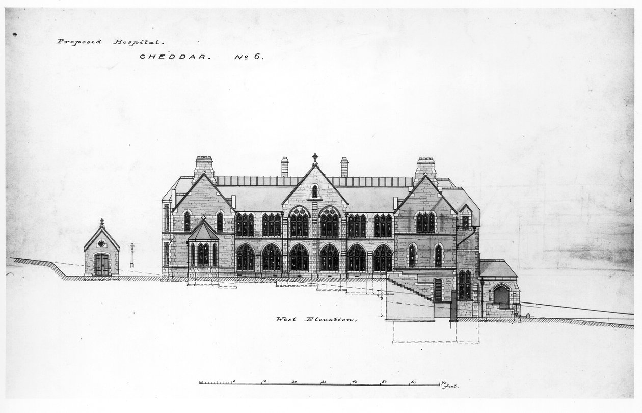 West Elevation - St. Michael&39;s Home, Cheddar, antes de 1878 (tinta preta, lápis e wc no papel) de William Butterfield