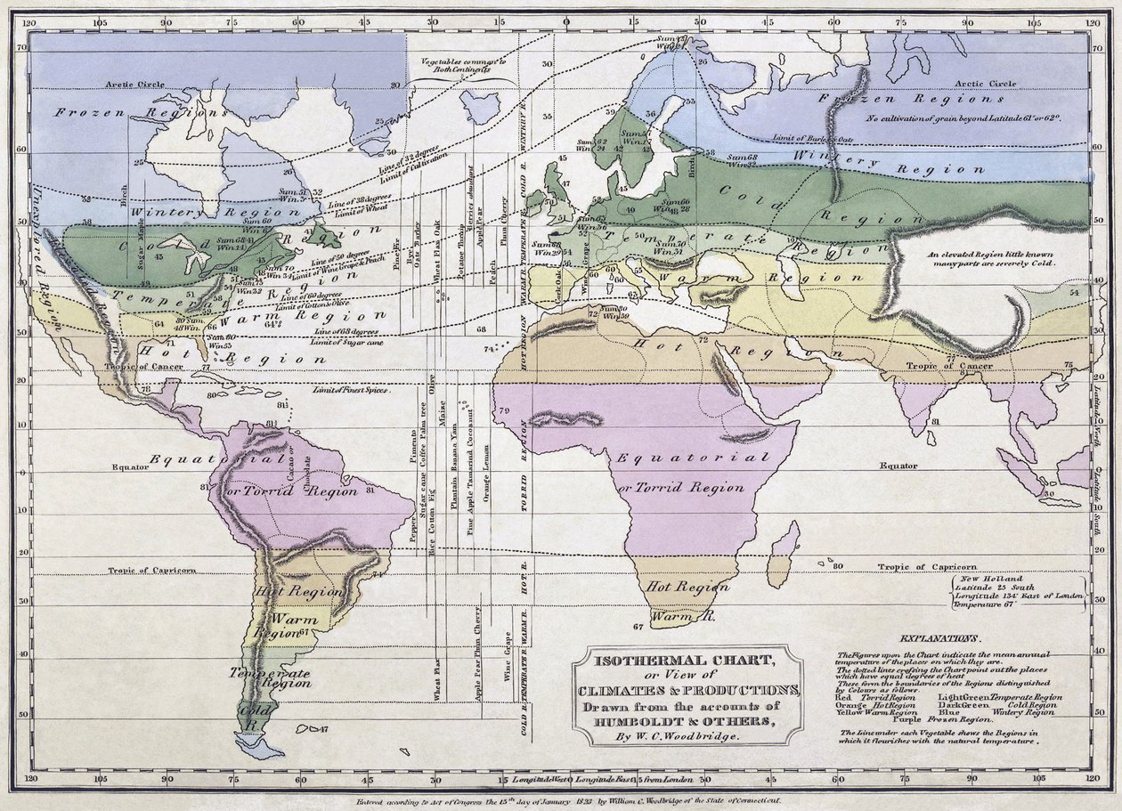 Carta isotérmica, ou, vista dos climas e das produções, ilustração das contas por Alexander von Humboldt, 1823 de William C. Woodbridge