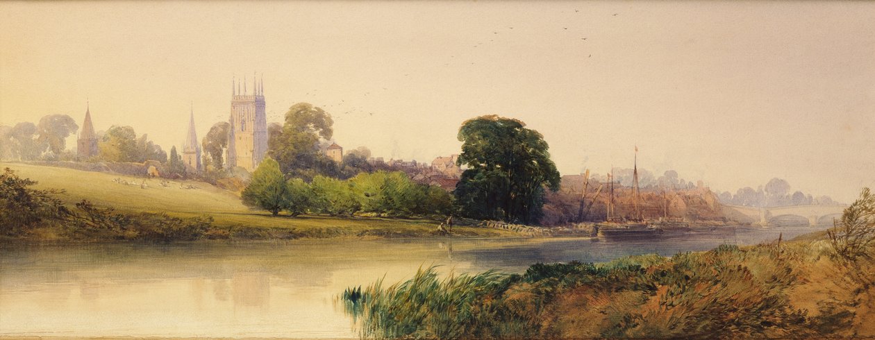 Uma Noite de Verão na Avon em Evesham, c.1870-80 (lápis e aguarela) de William Callow