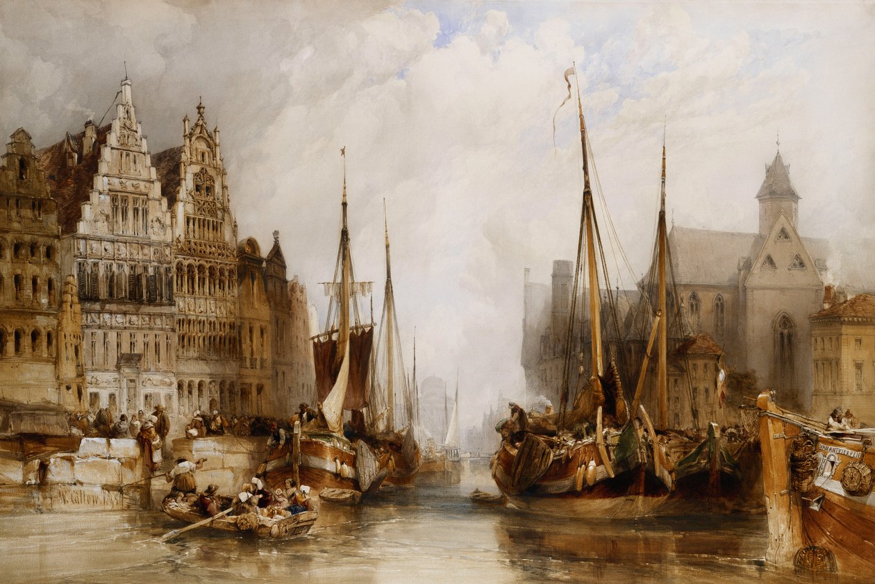 Casas dos Bateleiros do Franco e Igreja de São Nicolau no Canal de Gante, 1845 de William Callow