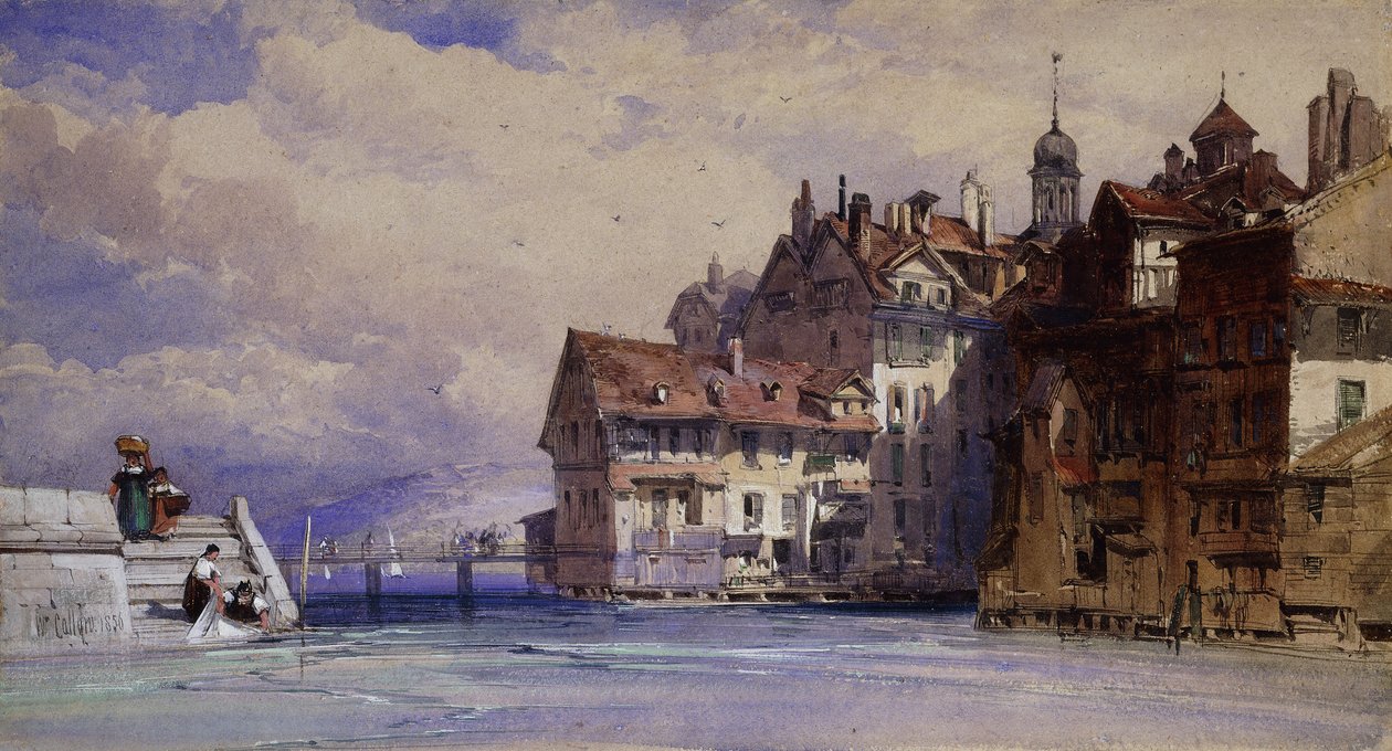 Casas antigas no Ródano em Genebra, 1856 de William Callow