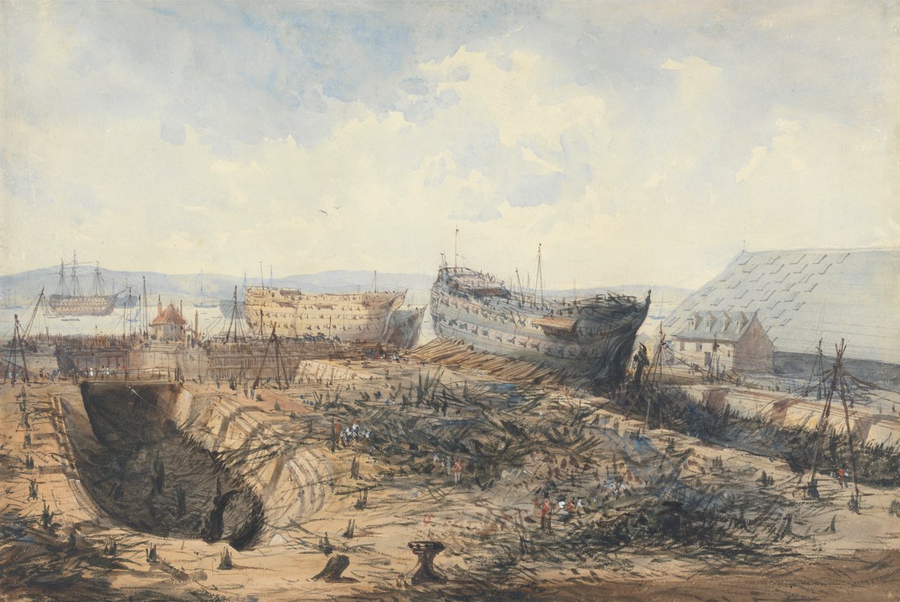Plymouth Dockyard após o incêndio de William Callow