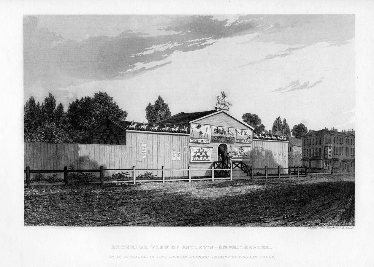 Vista exterior do Astleys Amphitheatre em Londres, como apareceu em 1777, 1840 de William Capon