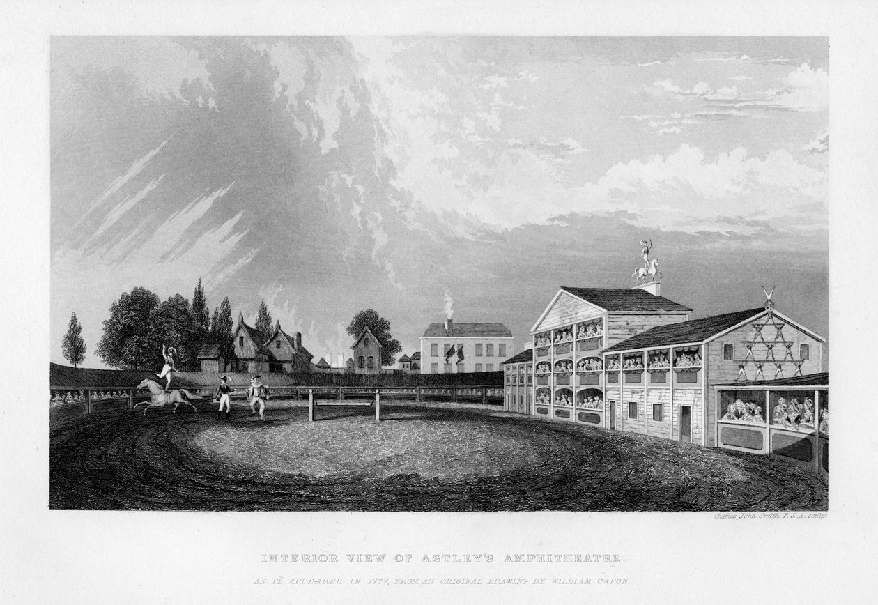 Vista interior do Astleys Amphitheatre em Londres como apareceu em 1777, 1840. de William Capon