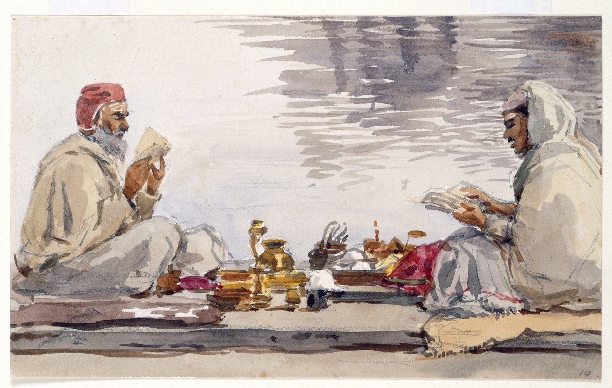 Dois homens santos lendo o Granth Sahib, Amritsar de William Carpenter