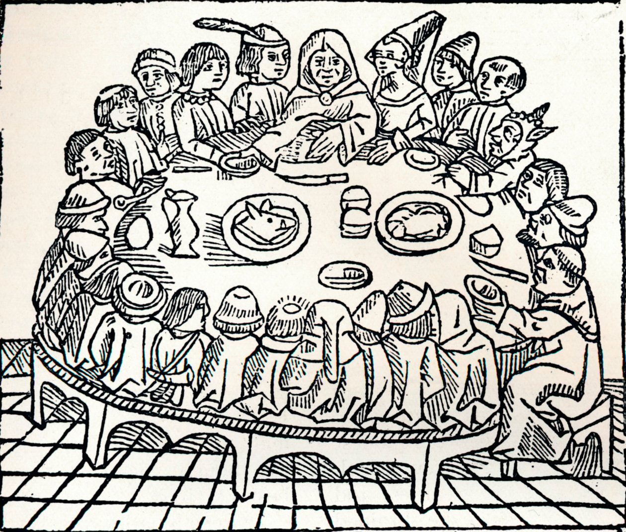 Os Peregrinos de Canterbury sentados para uma refeição compartilhada, 1485 de William Caxton