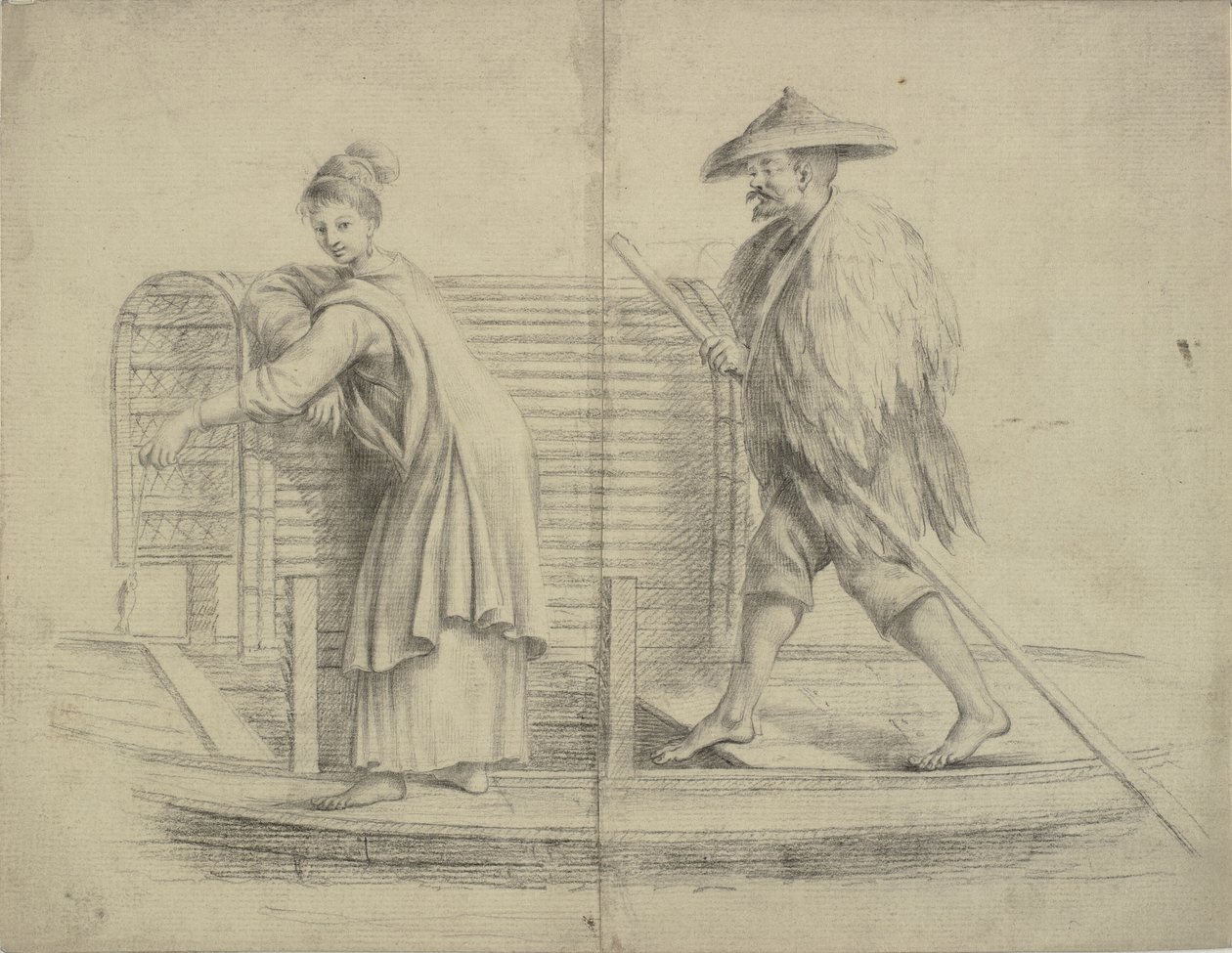 cena chinesa. Homem e mulher em um barco no rio de William Chambers