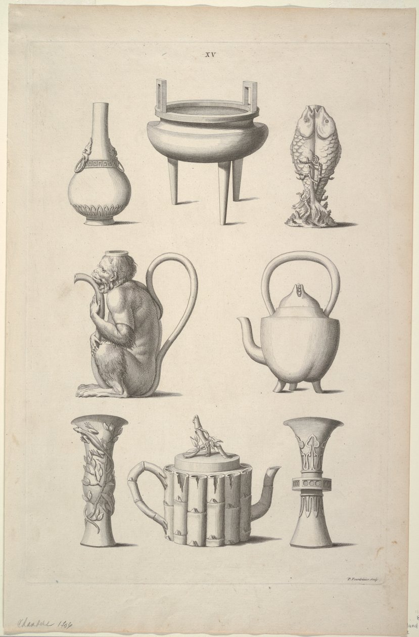 Desenhos para Louça, Placa XV de Desenhos de Construções Chinesas, Móveis, Vestidos, Máquinas e Utensílios. de William Chambers