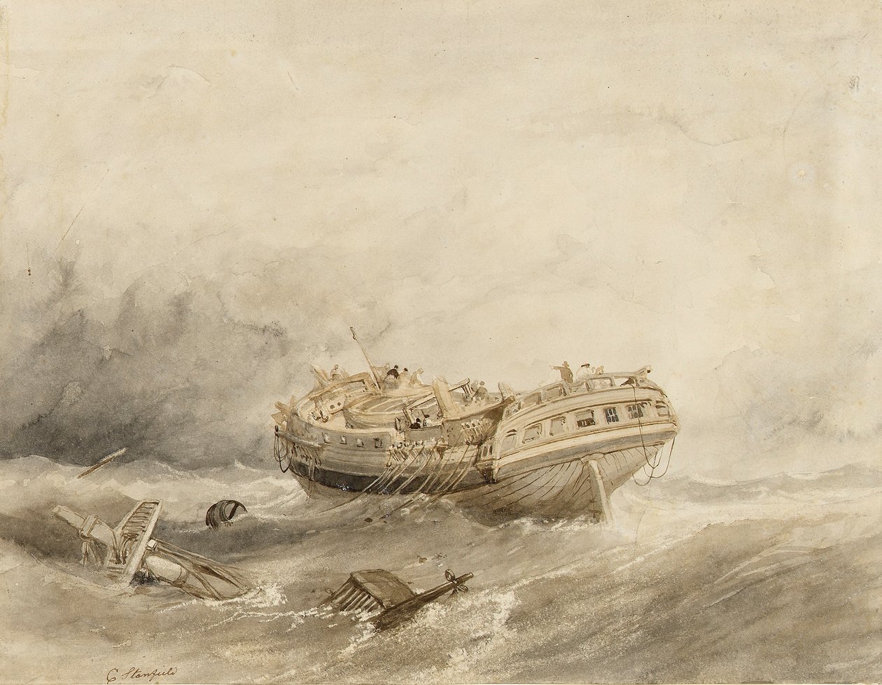 Um navio mercante descarrila na calma que se segue à tempestade. Aguarela (34,4x44,5 cm) de Clarkson Stanfield (1793-1867) de William Clarkson Stanfield