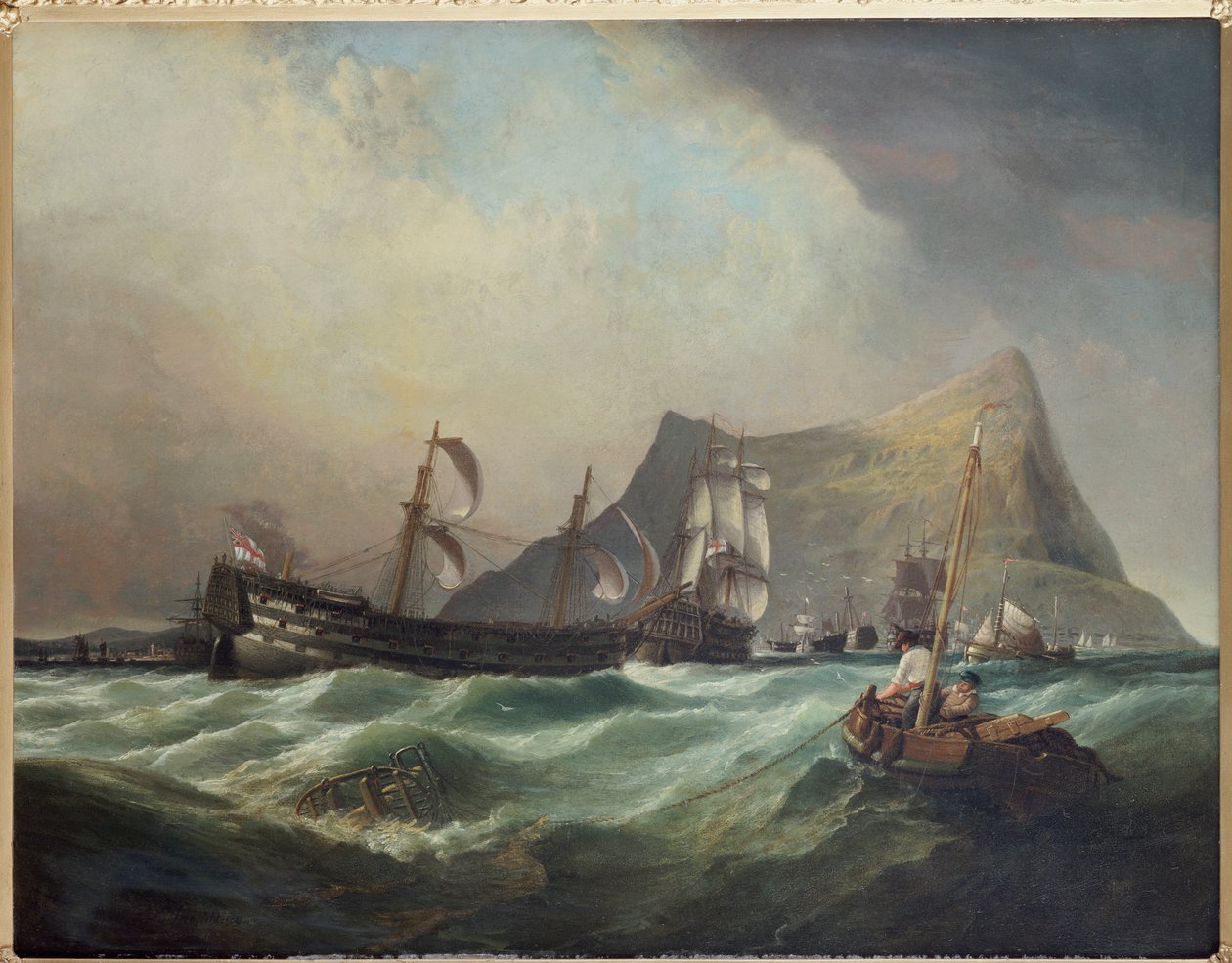 Netuno, rebocando a vitória para o porto de Gibraltar após a batalha de Trafalgar de Clarkson Frederick Stanfield