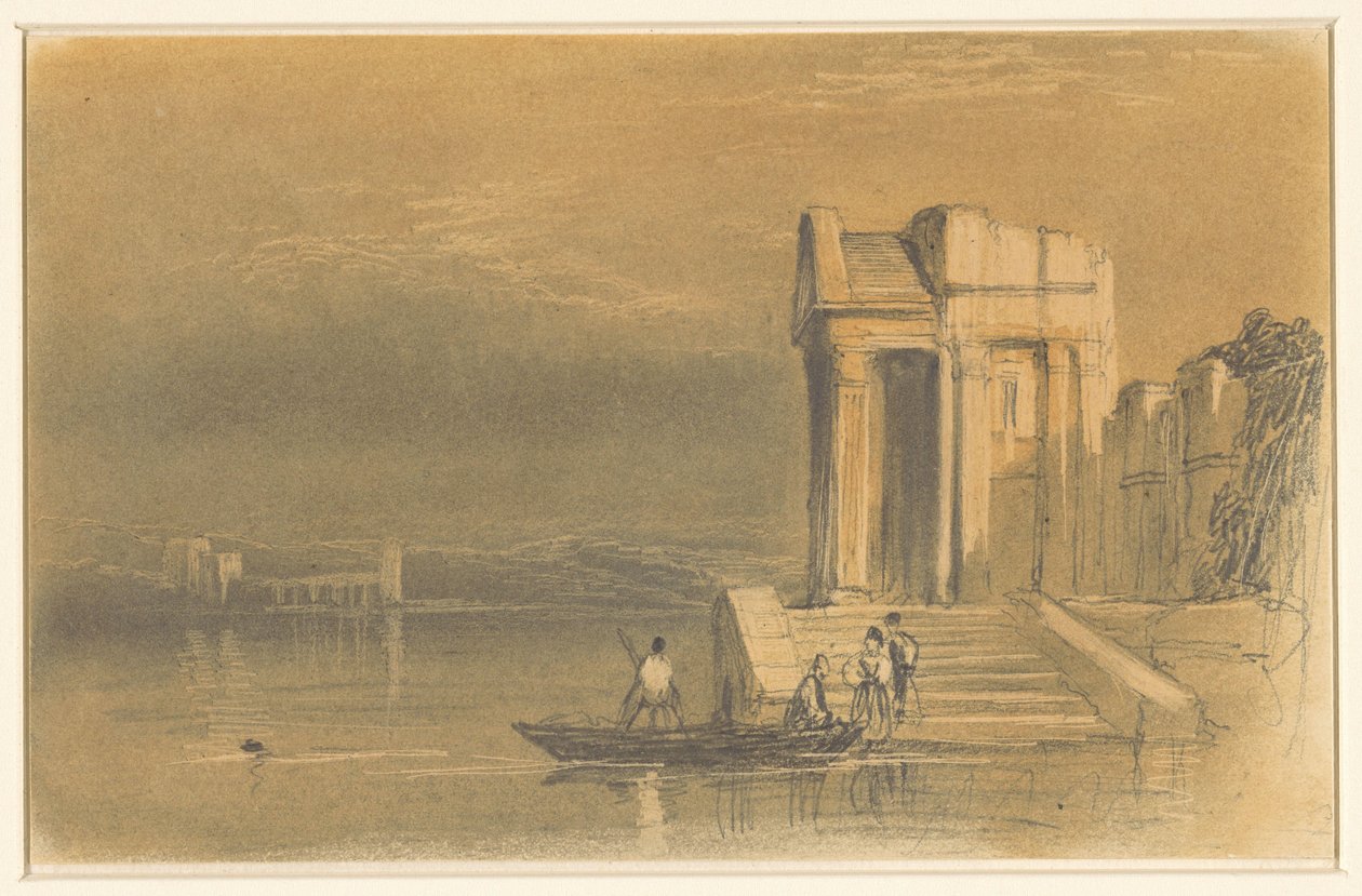 Ruínas de um templo sobre um lago numa paisagem italiana de Clarkson Frederick Stanfield