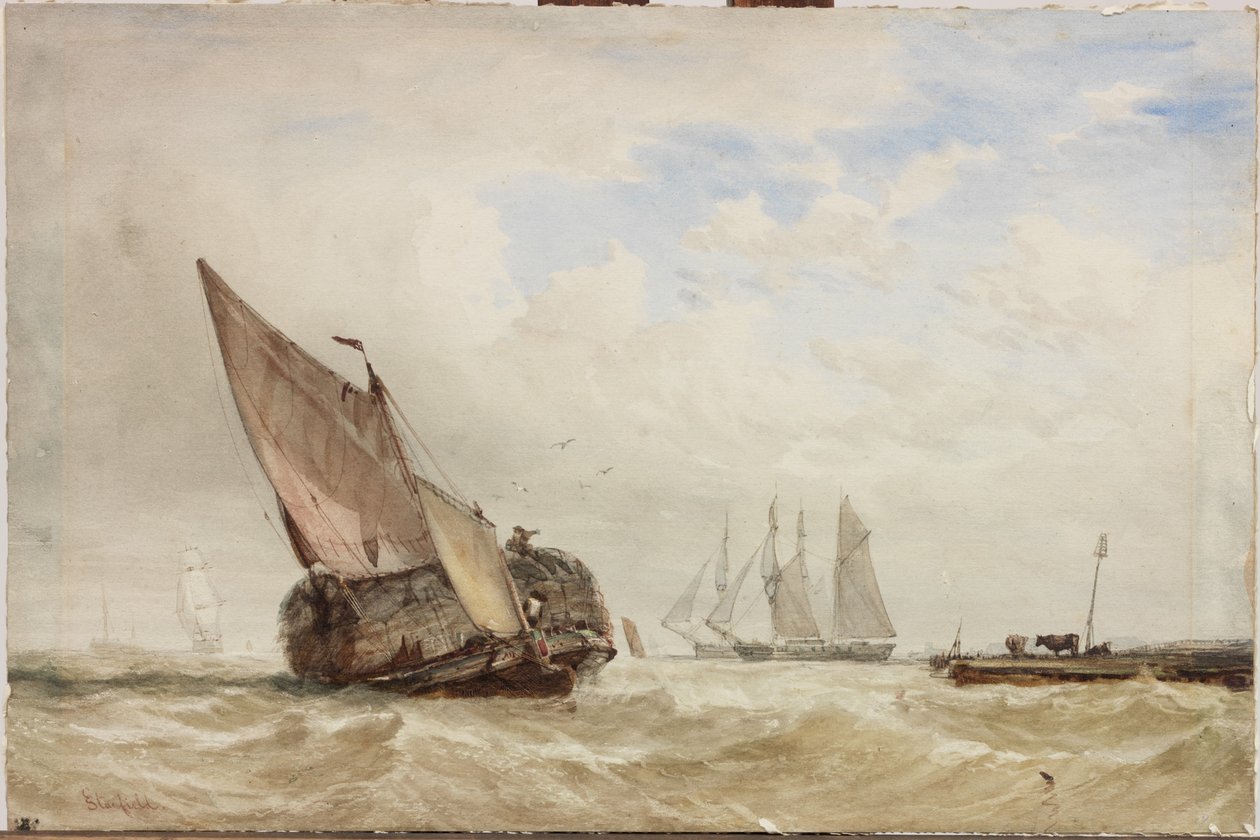 O Hayboat (aquarela, bodycolour e riscar no cartão) de Clarkson Frederick Stanfield