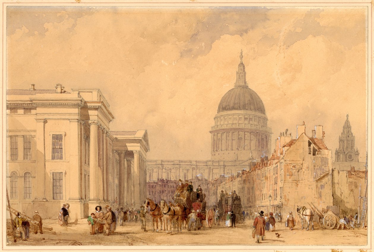 Os Correios, St Martins le Grand, Londres, com St Paul à Distância (lápis e wc no papel) de Clarkson Frederick Stanfield