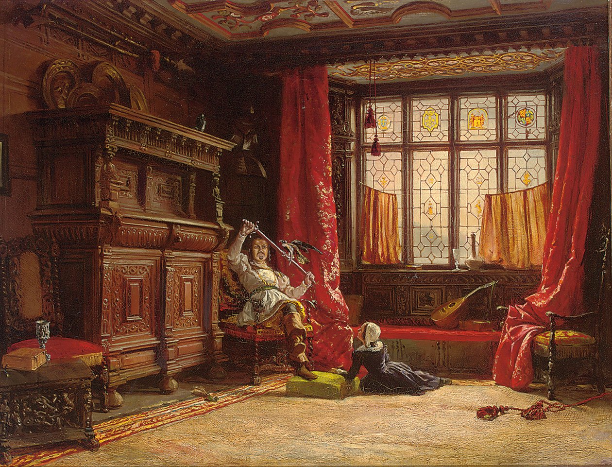 Um cavaleiro em um interior escuro, um pássaro na espada, 1843 de William Collingwood