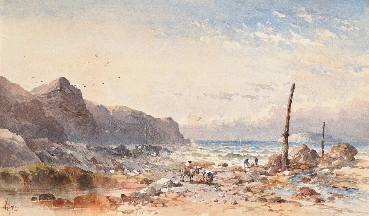 Um dia ventoso com pescadores na costa, 1874 de William Cook of Plymouth