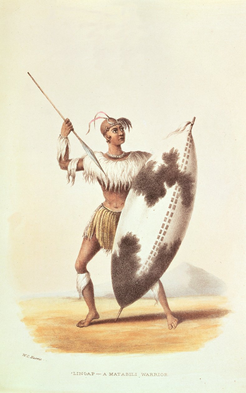 Lingap, um guerreiro Matabili, ilustração de &39;Wild Sports da África do Sul&39; por WC Harris, 1841 de William Cornwallis Harris