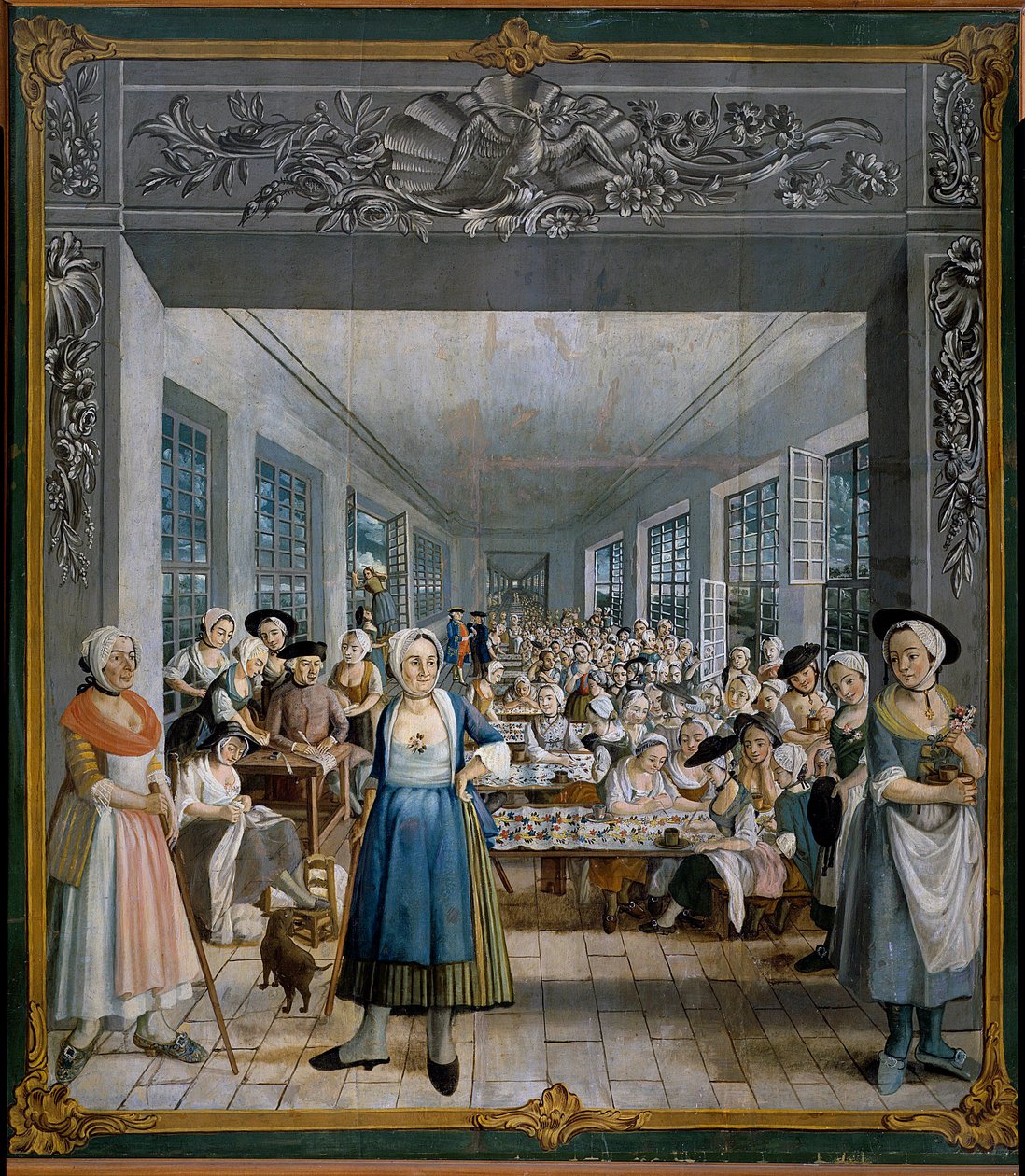 Fábrica de Tecidos Indianos Wetter Brothers: Oficina de Pintura Operária de Joseph Gabriel Rossetti (século XVIII). 1764 Orange, Musee Municipal - Fabrico de tecido indiano dos irmãos Wetter: a oficina das operárias. Pintura de Joseph Gabriel Ross de William Crawford