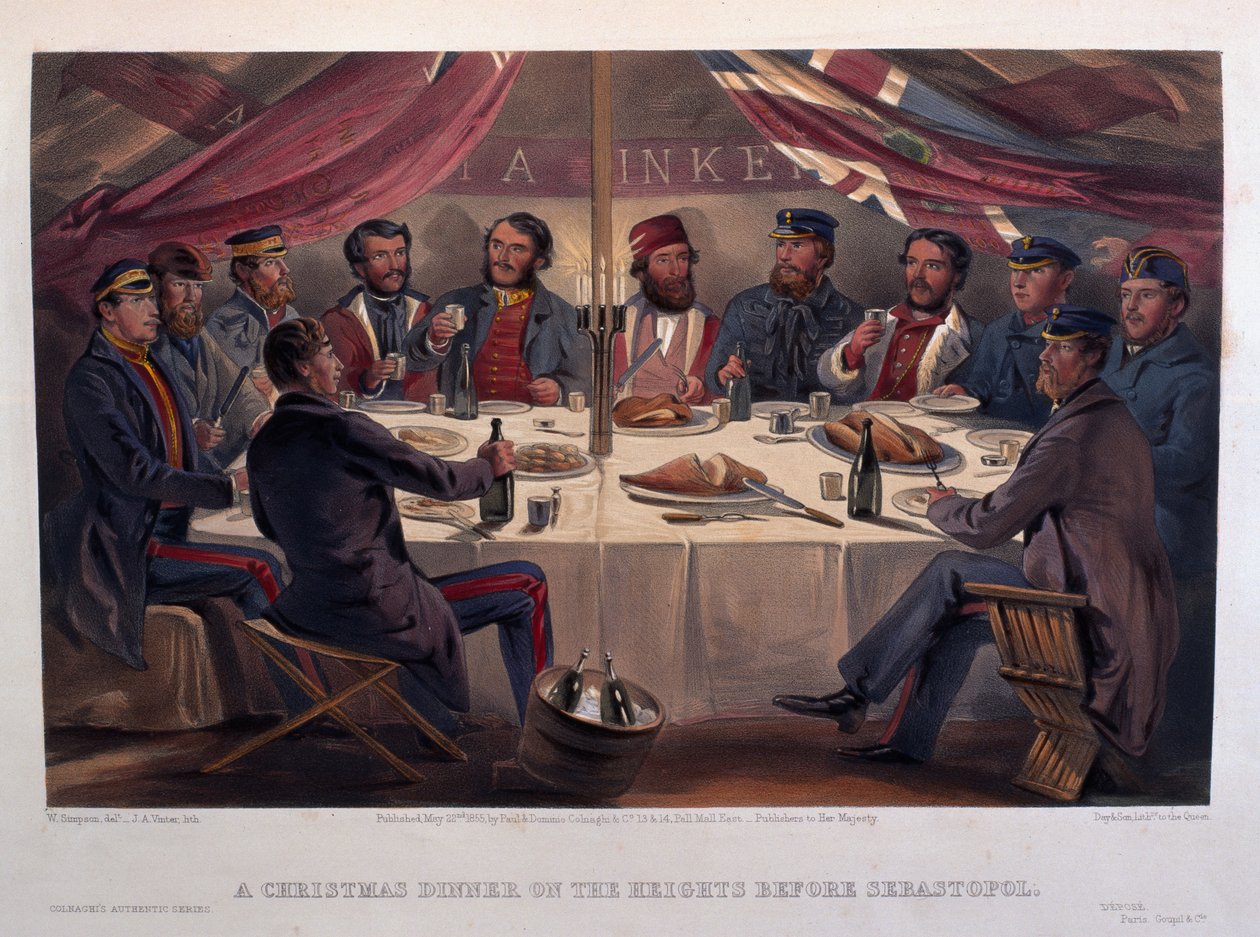 Um jantar de Natal nas alturas antes de Sebastopol, gravado por JA Vinter, de "A sede da guerra no Oriente - Primeira Série", publicado pela Colnaghi und Co., 1855 de William Crimea Simpson