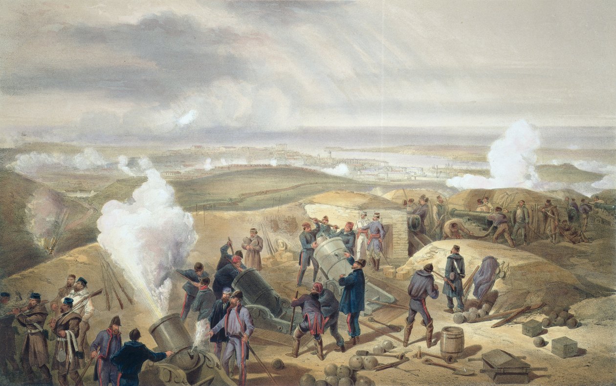 Um dia quente nas baterias, placa de "o assento da guerra no leste", bar. por Paul e Dominic Colnaghi und Co., 1856 de William Crimea Simpson