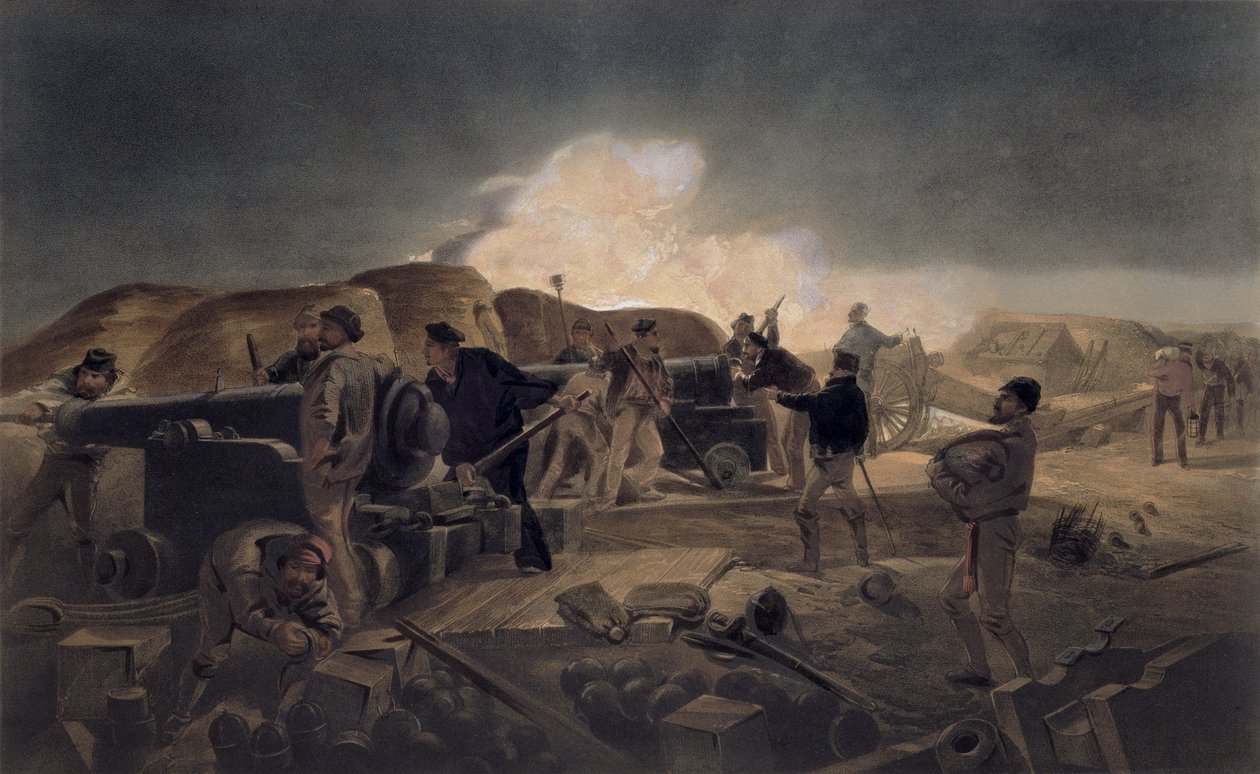 Uma noite quente nas baterias, prato de &39;The Seat of War no Oriente&39;, pub. por Paul e Dominic Colnaghi und Co., 1856 de William Crimea Simpson