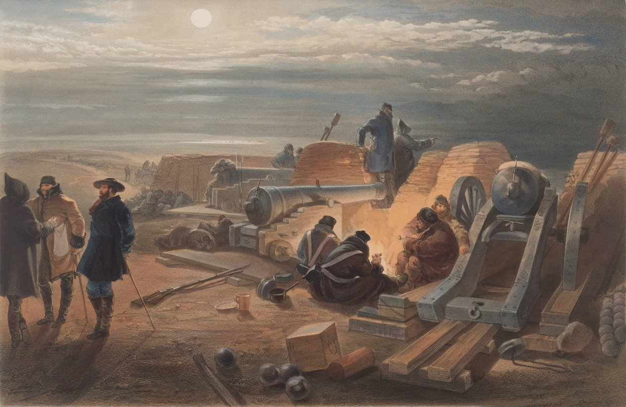  Uma noite tranquila nas baterias. Um esboço da bateria Greenhill de William Crimea Simpson