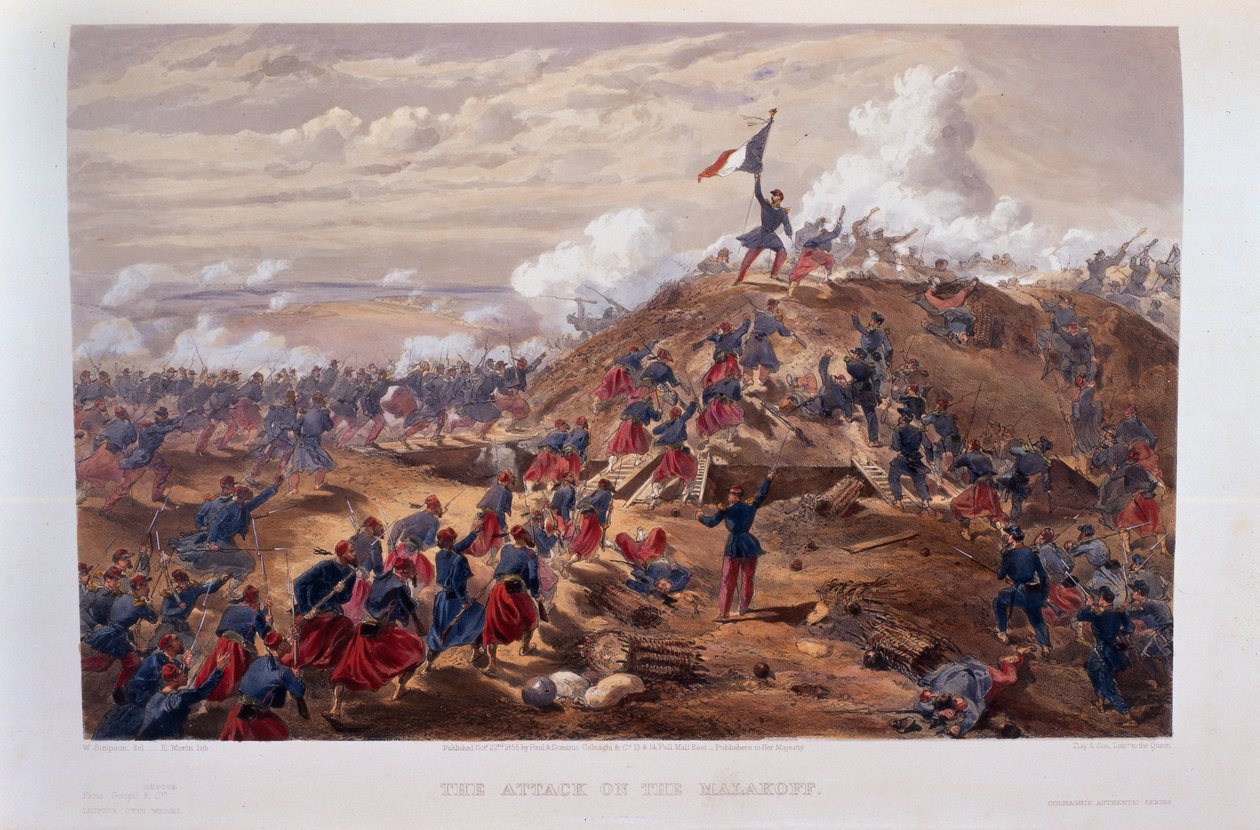 Ataque ao Malakoff, gravado por Edmond Morin (1824-82) de "O assento da guerra no Oriente - Segunda Série", publicado pela Colnaghi und Co., 1855 de William Crimea Simpson