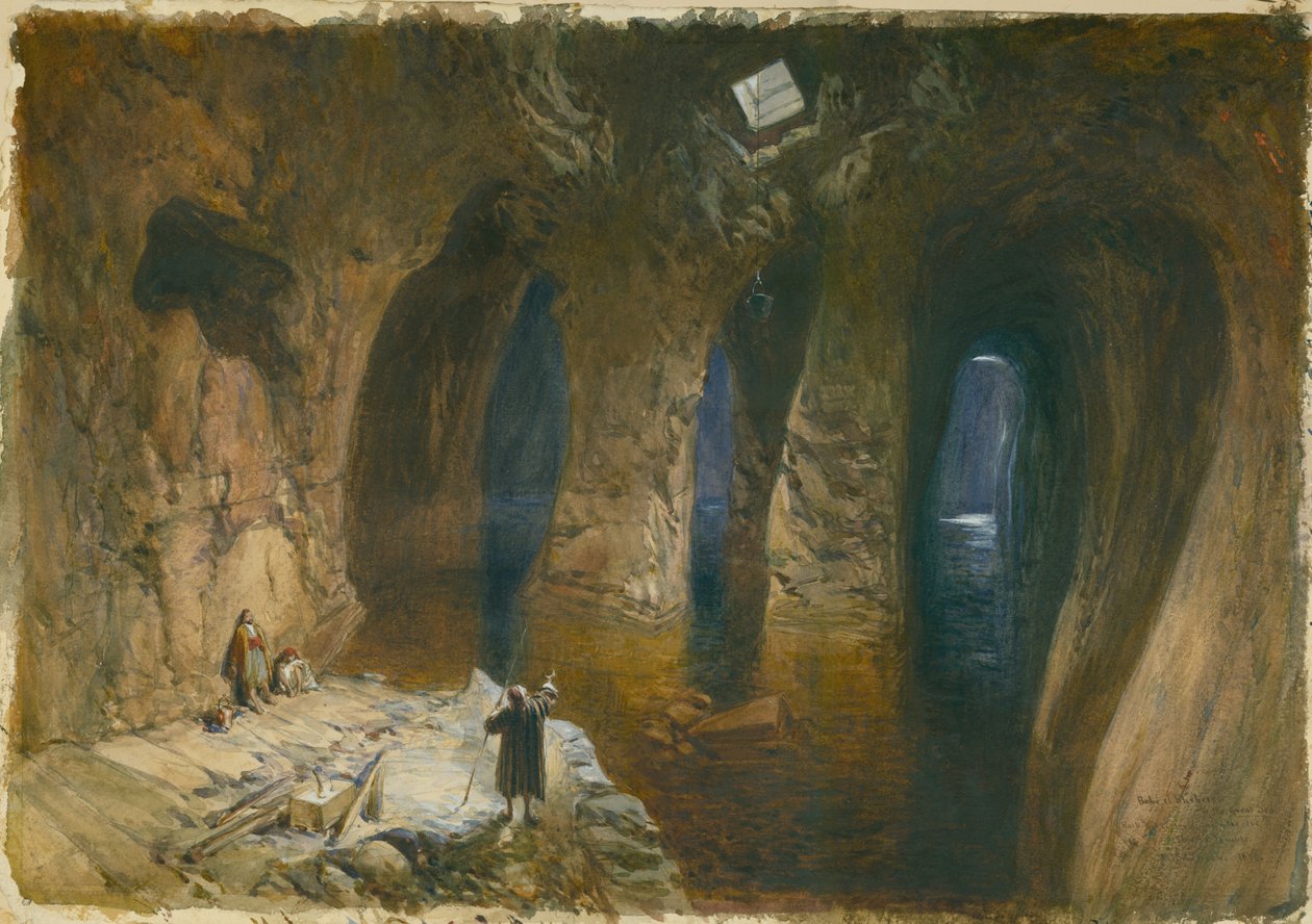 Bahr el Khabeer ou a cisterna de Great Sea Rock-cut sob o site do Templo de Salomão, 1870 (wc e lápis sobre papel) de William Crimea Simpson