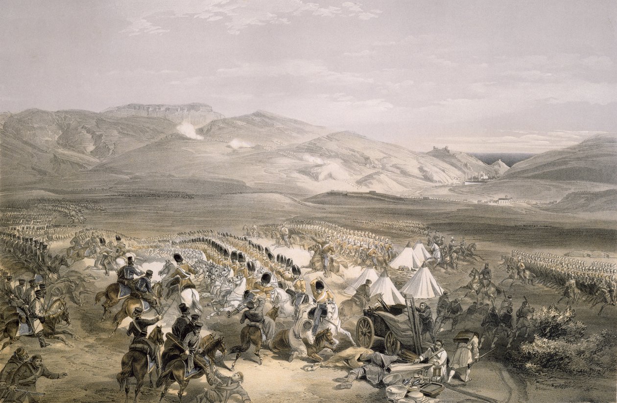 Carga da Brigada de Cavalaria Pesada na Batalha de Balaclava em 25 de outubro de 1854, gravada por E. Walker, pub. 1855 de William Crimea Simpson