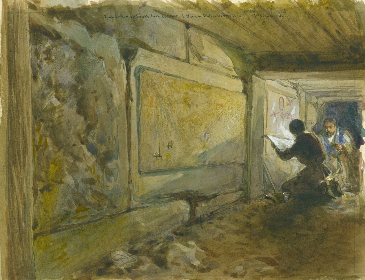 Fundação do Canto Sudeste da Muralha de Haram, Jerusalém (wc e lápis sobre papel) de William Crimea Simpson