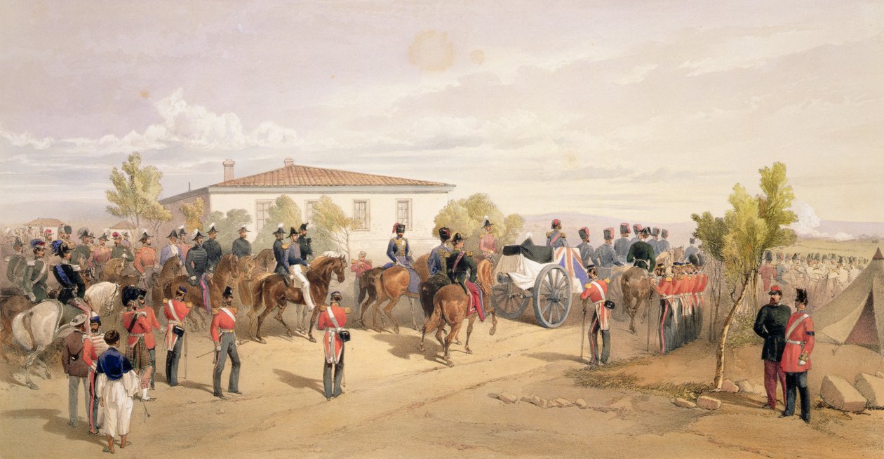 Funeral Cortege do senhor Raglan que abandona quartos principais, placa de "do assento da guerra no leste", bar. por Paul e Dominic Colnaghi und Co., 1856 de William Crimea Simpson