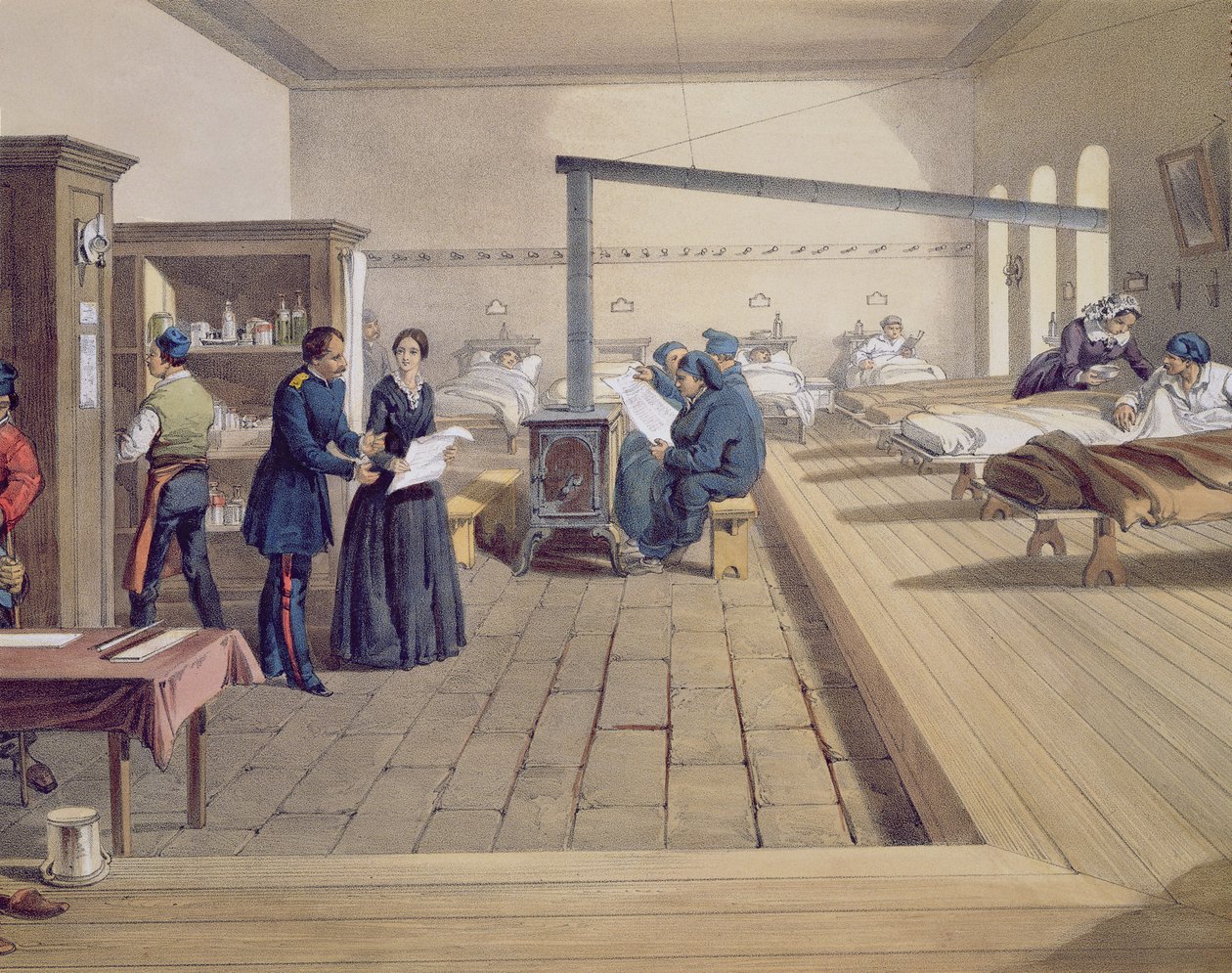 Hospital em Scutari, detalhe de Florence Nightingale (1820-1910) na enfermaria, de The Seat of War, no leste, pub. por Paul & Dominic Colnaghi & Co., 1856 (detalhe de 121085) de William Crimea Simpson