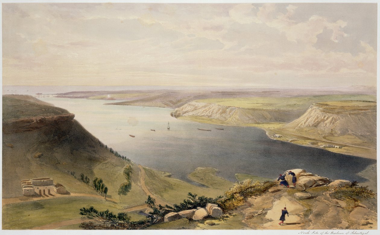 Lado norte do porto de Sebastopol, placa "do assento da guerra no leste", bar. por Paul e Dominic Colnaghi und Co., 1856 de William Crimea Simpson