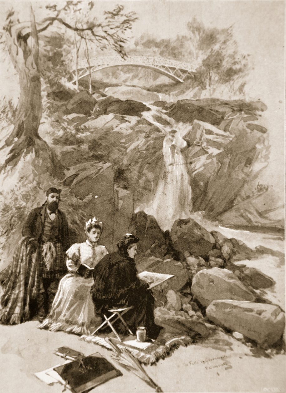 Rainha Vitória como artista: Sua Majestade esboçando as quedas de Garrawalt, Braemar de William Crimea Simpson