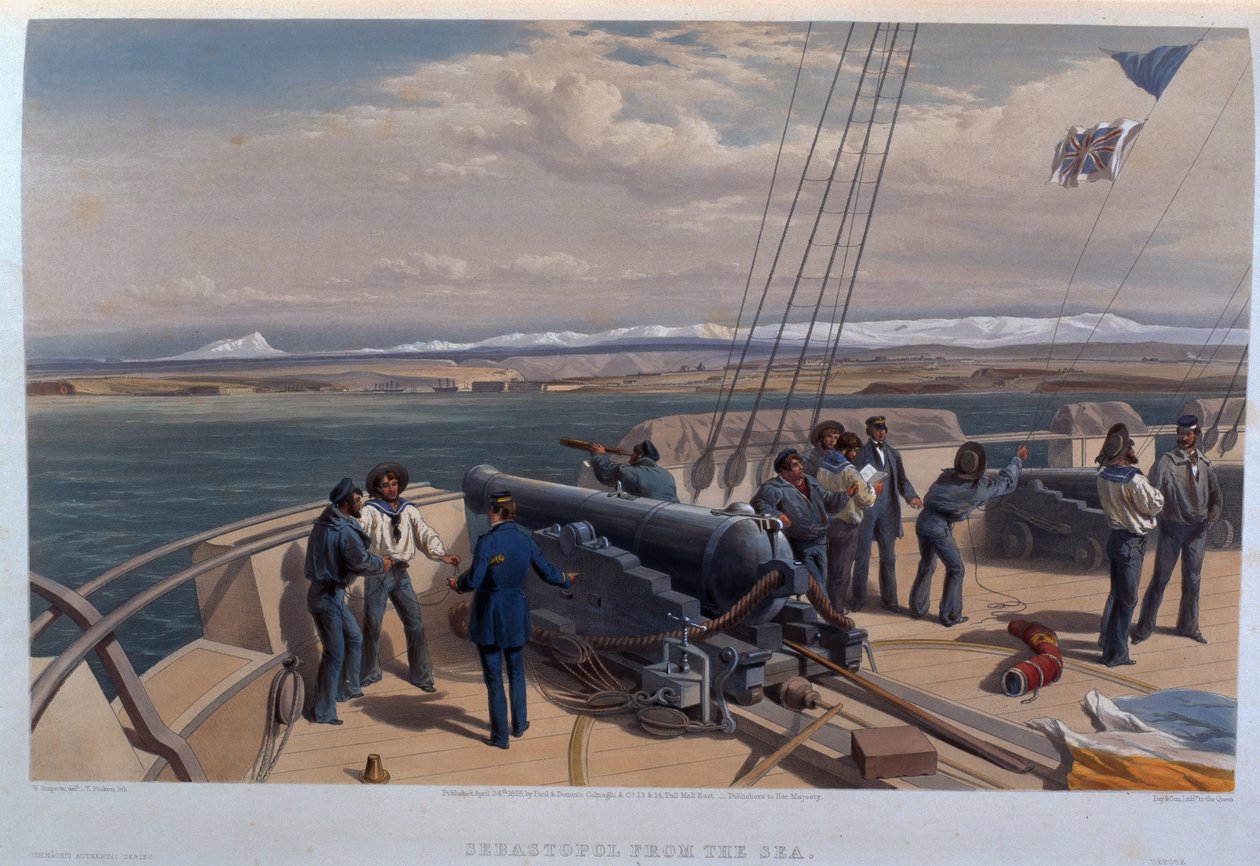 Sebastopol do mar, gravado por T. Picken, de "A sede da guerra no Oriente - Primeira Série", publicado pela Colnaghi und Co., 1855 de William Crimea Simpson