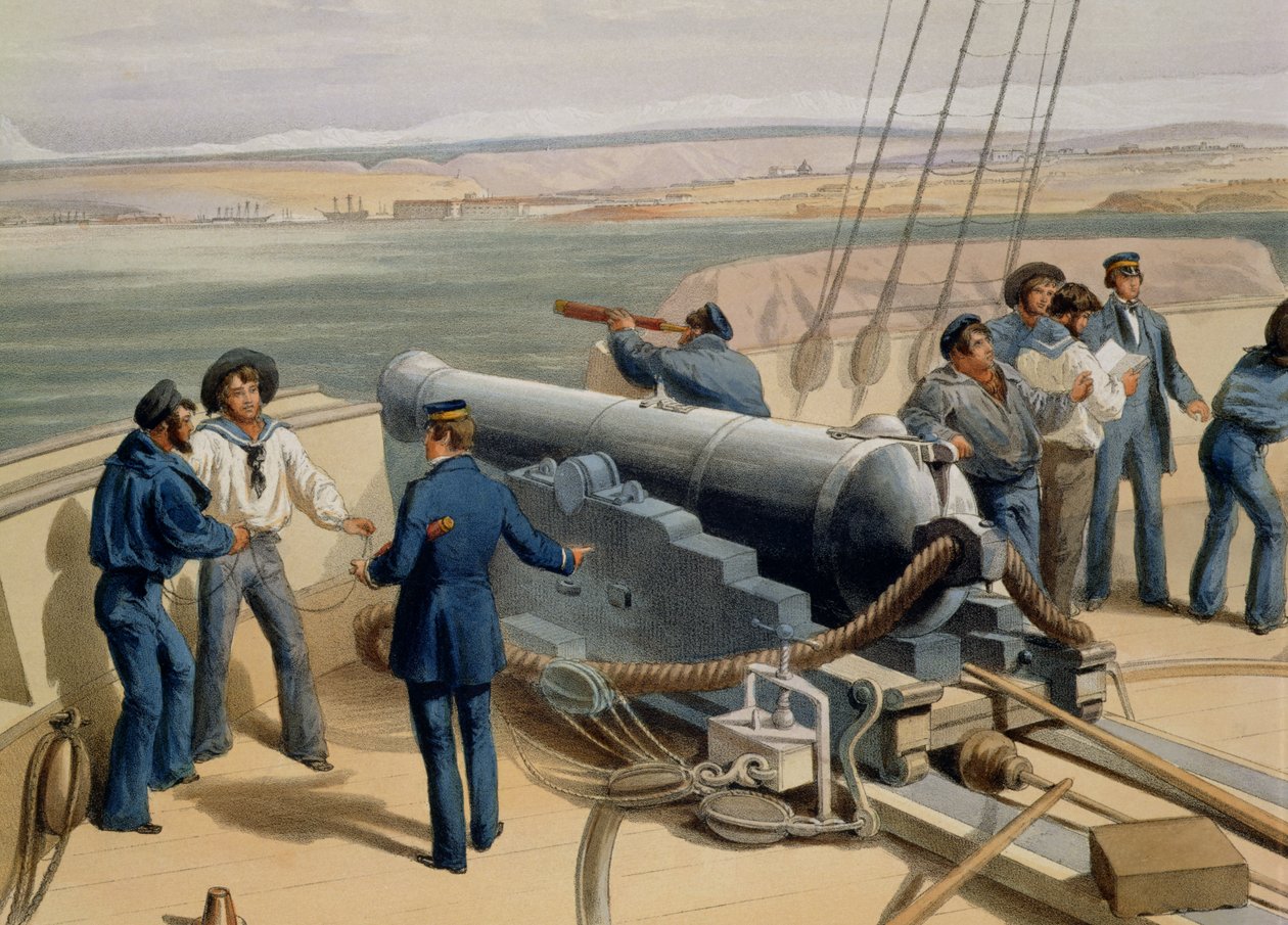 Sebastopol do mar, placa de The Seat of War no Oriente, publicado pela Colnaghi and Co., 1856 detalhe cor lito de 142010 de William Crimea Simpson