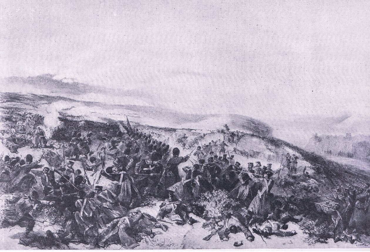 Segunda acusação dos Guardas, quando retomou as duas baterias de armas na Batalha de Inkerman, ilustração das Batalhas Britânicas na Terra e no Mar, 1915 de William Crimea Simpson