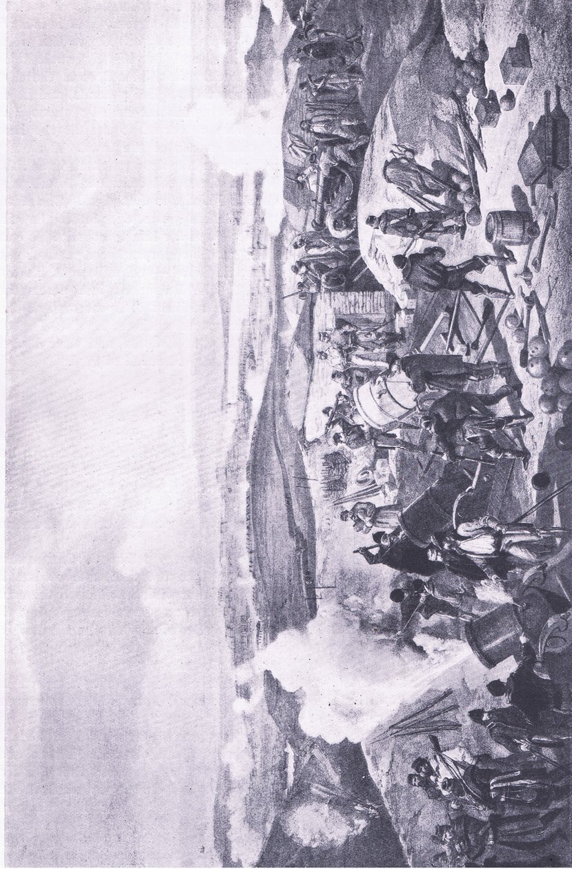 Sevastopol: Um dia quente nas baterias, ilustração das batalhas britânicas na terra e no mar, 1915 de William Crimea Simpson