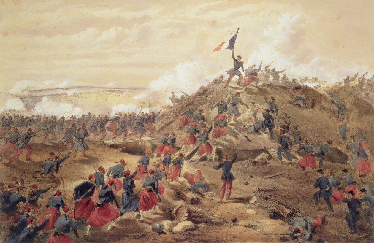 O ataque no Malakoff, placa de "O assento da guerra no Oriente", pub. por Paul e Dominic Colnaghi und Co., 1856 de William Crimea Simpson