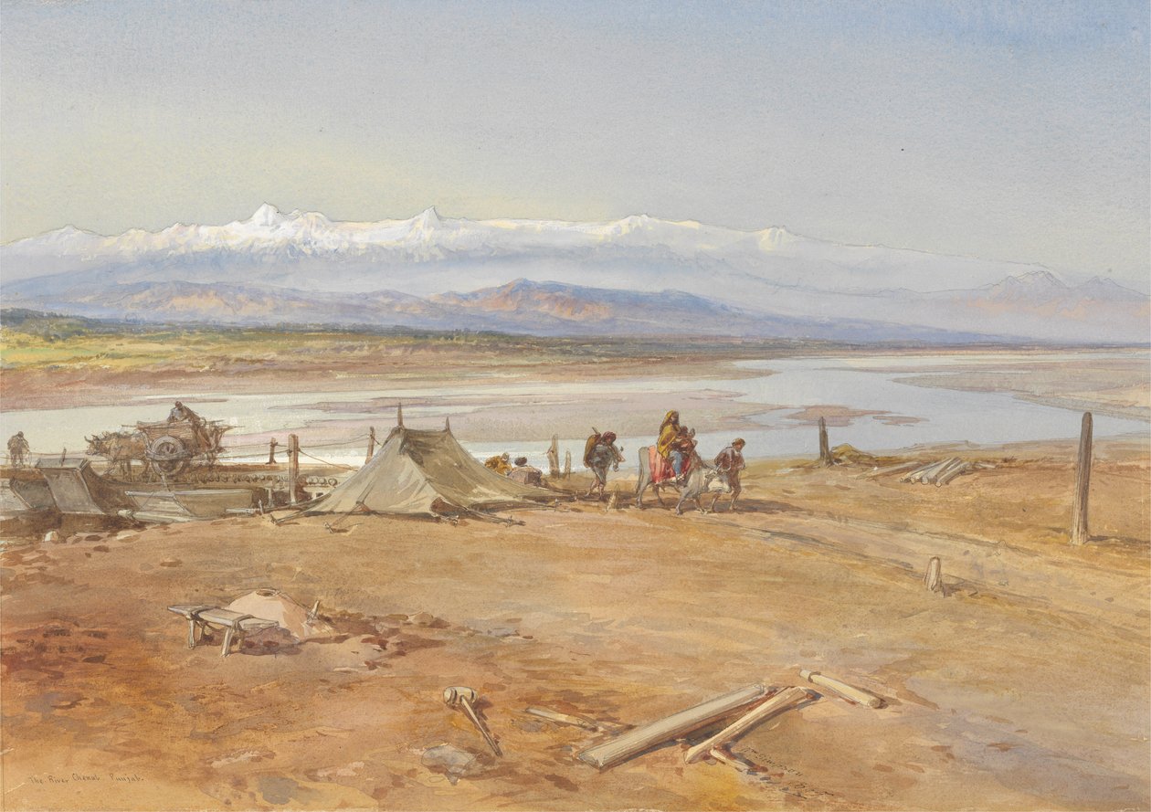 O rio Chenab, Punjab, 1865 (wc e guache sobre papel) de William Crimea Simpson
