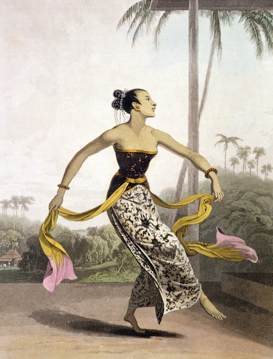 Um Ronggeng ou Dancing Girl, prato 21 do vol. I de "A História de Java", de Thomas Stamford Raffles (1781-1826), pub. 1817 (aquatinta) de William Daniell