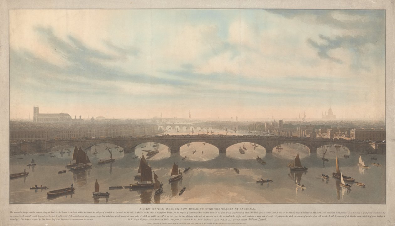 Vista da ponte em construção sobre o Tamisa em Vauxhall de William Daniell