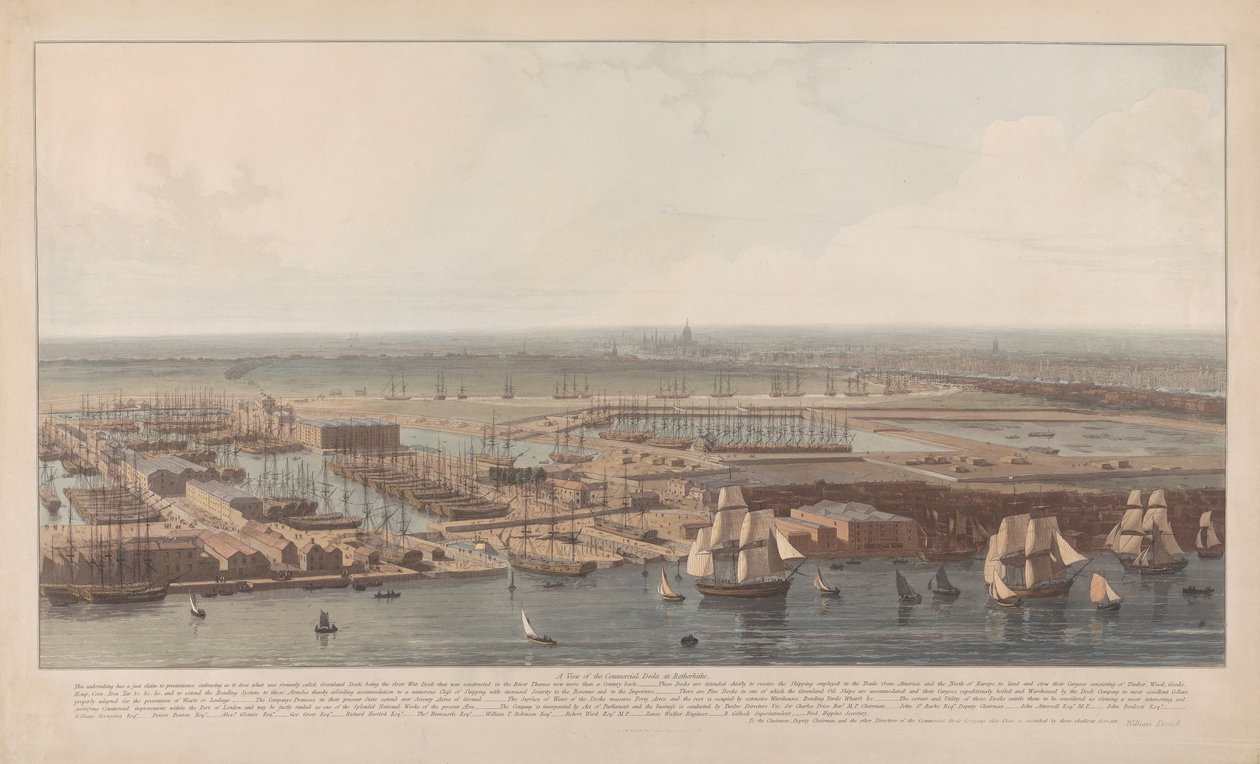 Uma vista das docas comerciais de Rotherhithe de William Daniell