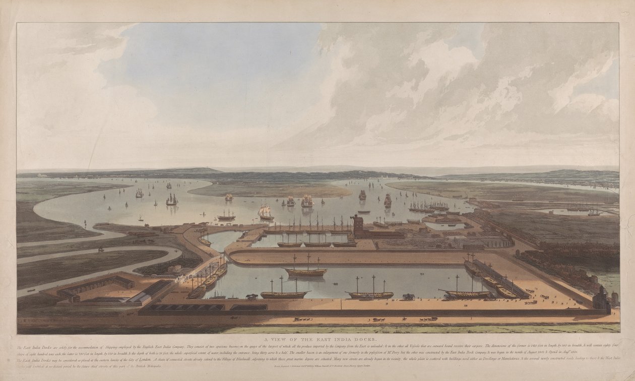 Uma vista das docas da Companhia das Índias Orientais de William Daniell
