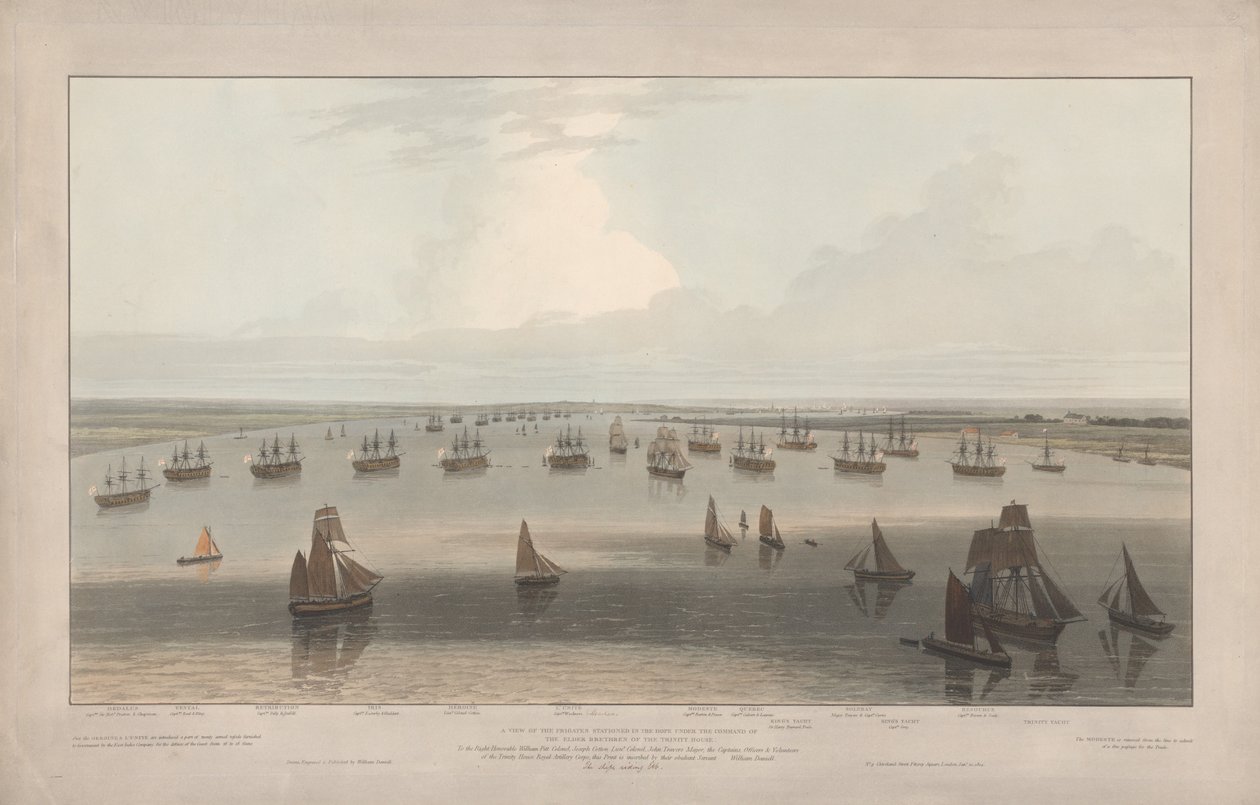 Vista das fragatas estacionadas em Hope sob o comando dos irmãos mais velhos da Trinity House, estuário do Tamisa de William Daniell