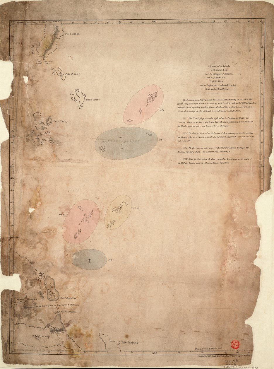 Carta das ilhas do mar da China, perto do estreito de Malaca, com as posições da frota inglesa e da esquadra do almirante Linois nos dias 14 e 15 de fevereiro de 1804. de William Daniell