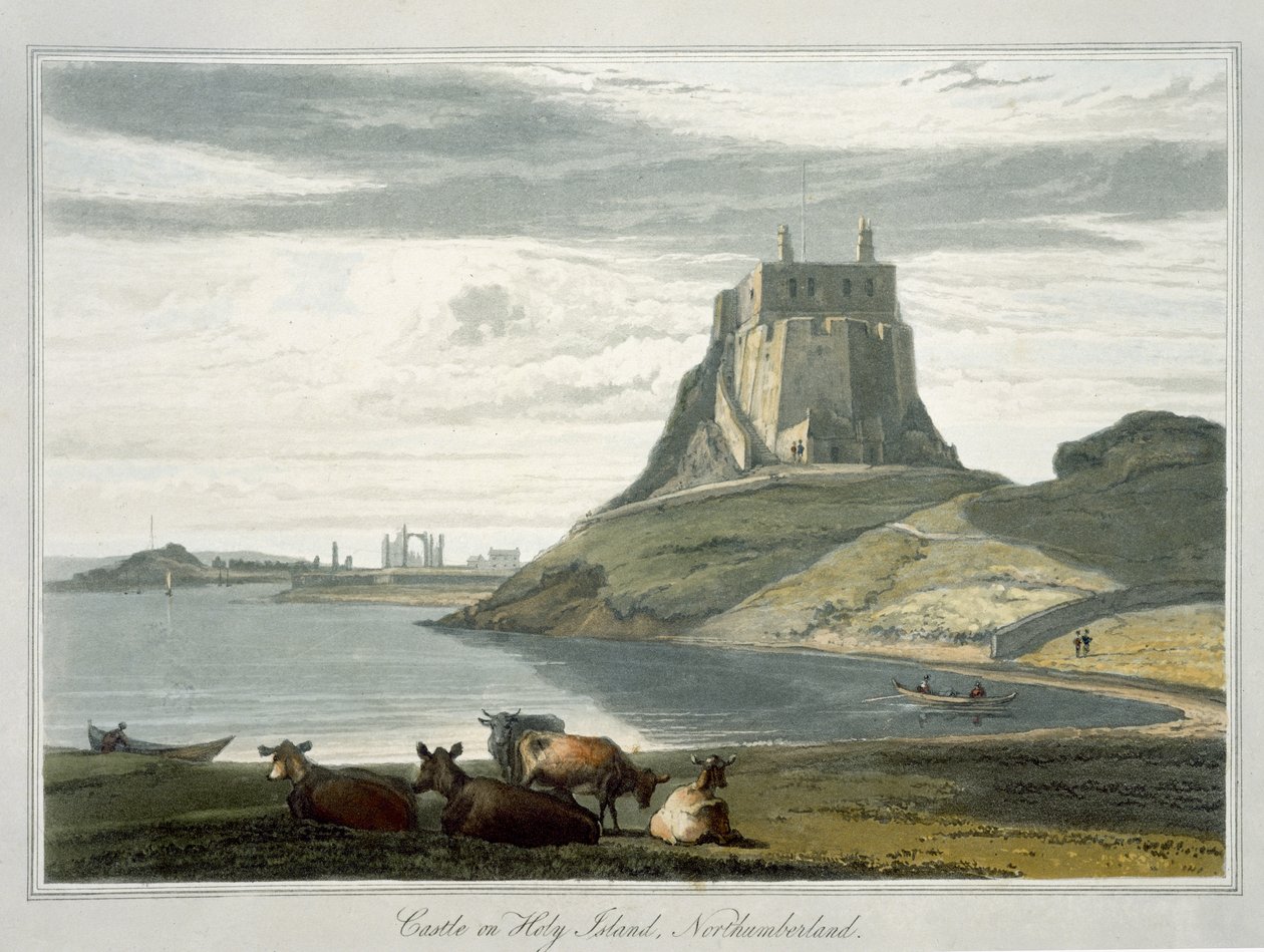 Castelo na Ilha Sagrada, Northumberland, de "Uma Viagem pela Grã-Bretanha Realizada entre os Anos de 1814 e 1825", publicada em 1822 (aquatint) de William Daniell