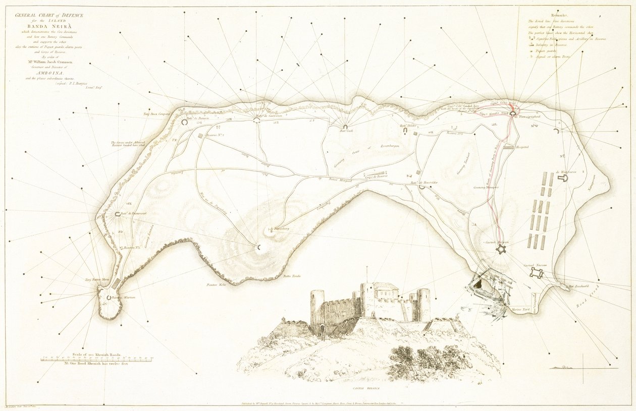 Carta geral de defesa da Ilha Banda Neira, início do século XIX (gravura a cores) de William Daniell