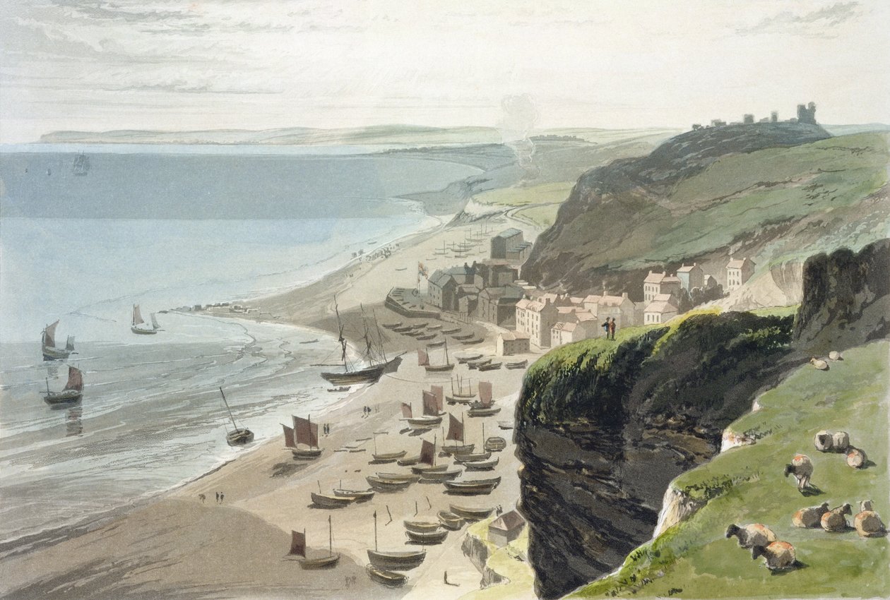 Hastings, do East Cliff, de "Uma Viagem pela Grã-Bretanha, Realizada entre os Anos de 1814 e 1825", publicada em 1823 de William Daniell