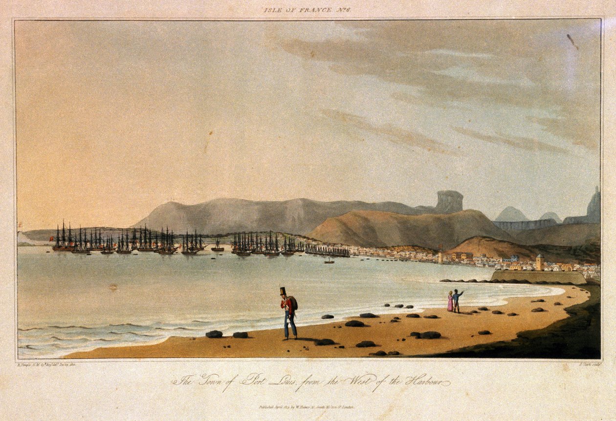 Ile de France (Maurícia), vista da cidade de Port Louis, a partir do oeste do porto. Gravura a cores de William Daniell