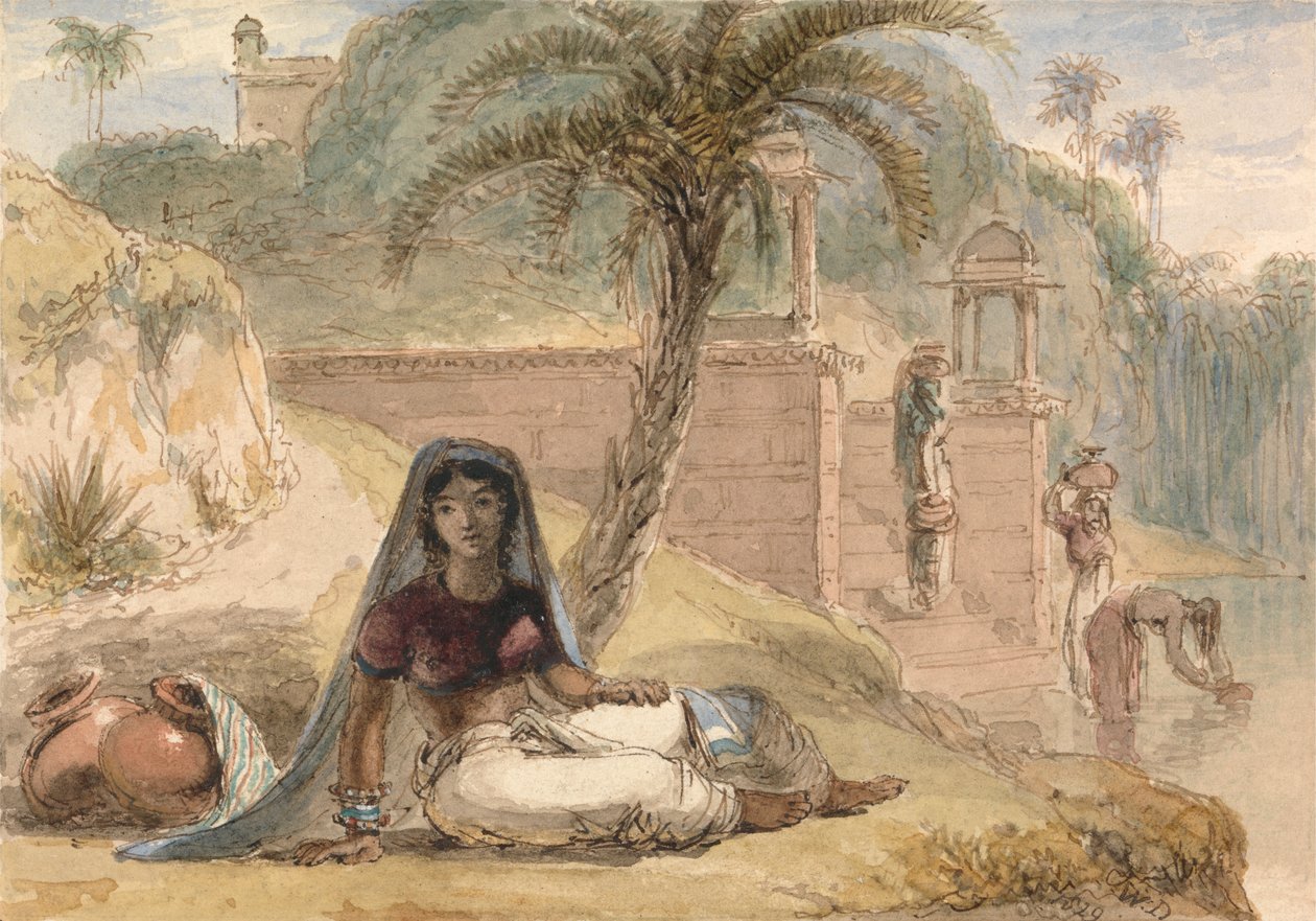 Rapariga indiana sentada à beira de um rio de William Daniell